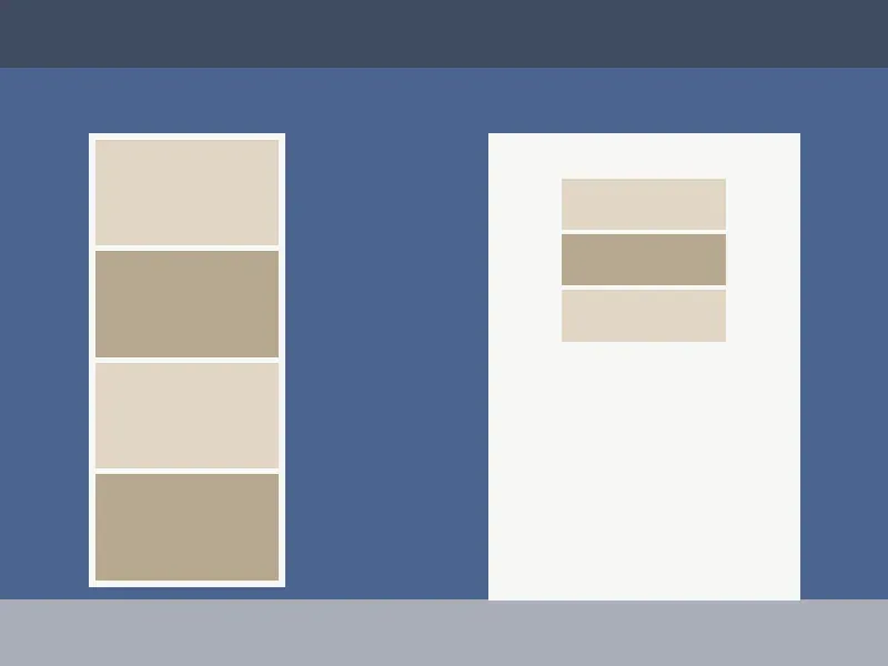 Vlakke tekening, geen foto: een deurvlak in gebroken wit met drie ruiten boven elkaar in twee tinten zandbeige, en links ernaast een smal zijlicht met vier ruiten boven elkaar in twee tinten zandbeige, in een effen blauw vlak.